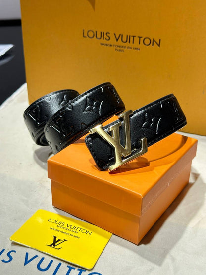 Ζώνη Lv monogram black gold ανάγλυφη